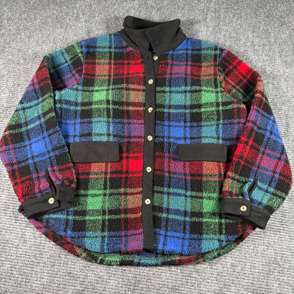 Jodifl Fleece Jacket Womens L Multicolor Excellent Plaid Button Up Mock Neck